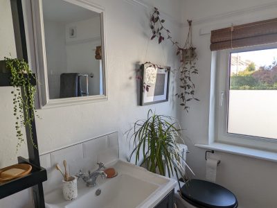 A modern bathroom featuring a white sink with silver taps installed on a dark cabinet, alongside a mirror and hanging plants above. A toilet with a black seat is positioned next to a large window, with natural light streaming through. The plants add a touch of greenery to the clean, minimalist space. Martyn Read Plumbing, offering Norwich plumbing services and Norfolk plumbers, has provided expert installation and design for this sleek bathroom